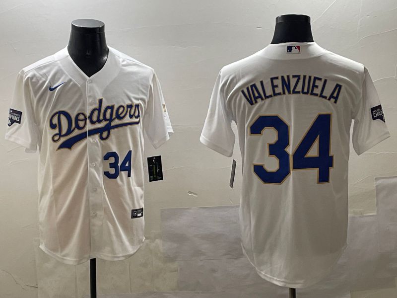 Men Los Angeles Dodgers #34 Valenzuela White blue Gold Game 2025 Nike MLB Jersey style 12->pittsburgh pirates->MLB Jersey